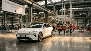 Weißes Elektrofahrzeug in modernem Produktionswerk Mexiko