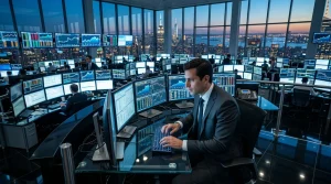 Trader arbeitet an Computern in Finanzhandelszentrale mit Stadtblick