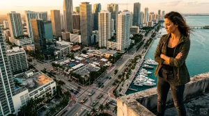 Frau steht auf Aussichtspunkt mit Miami-Skyline im Hintergrund