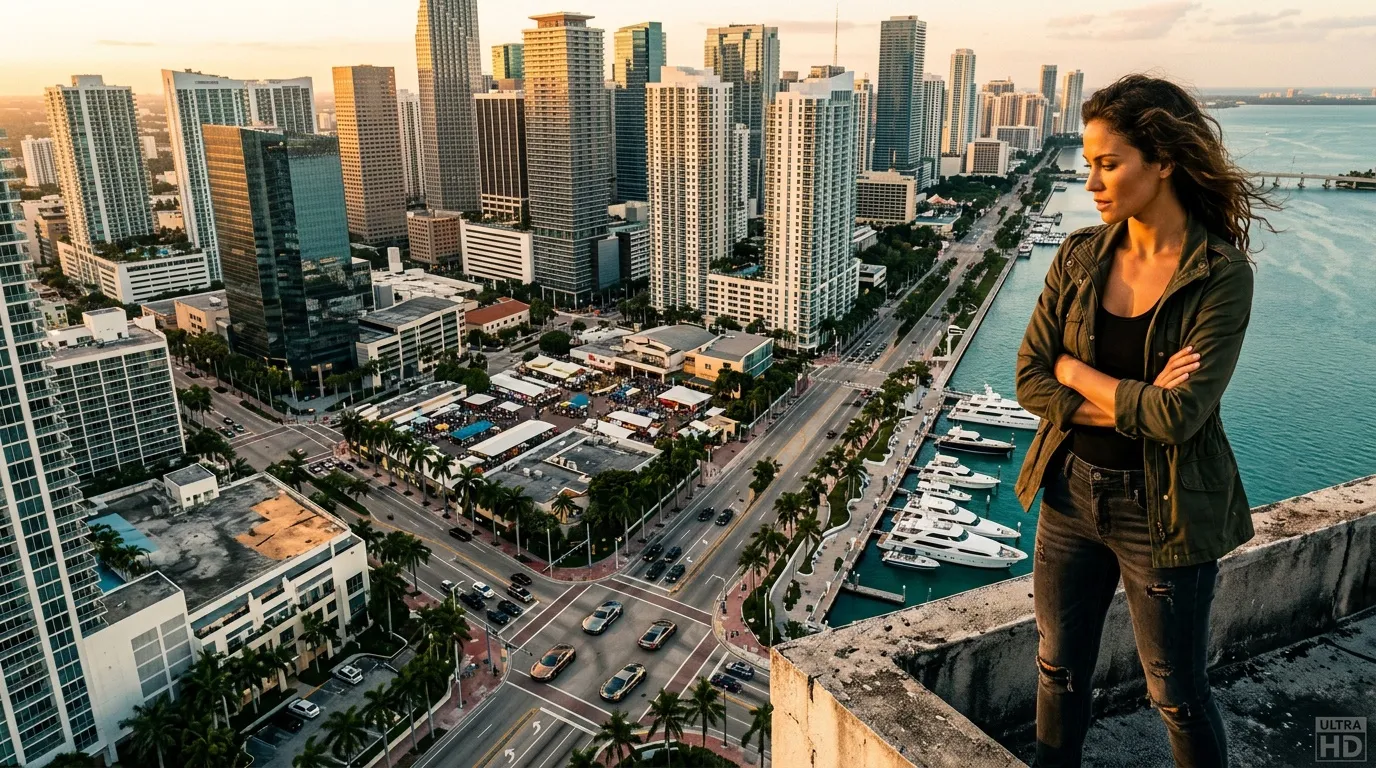 Frau steht auf Aussichtspunkt mit Miami-Skyline im Hintergrund