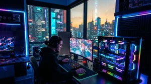 Person spielt Videospiel in futuristischem Neon-Gaming-Zimmer mit Stadtblick