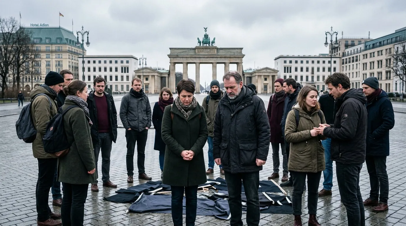 Gruppe trauert am Brandenburger Tor Berlin mit Flaggen