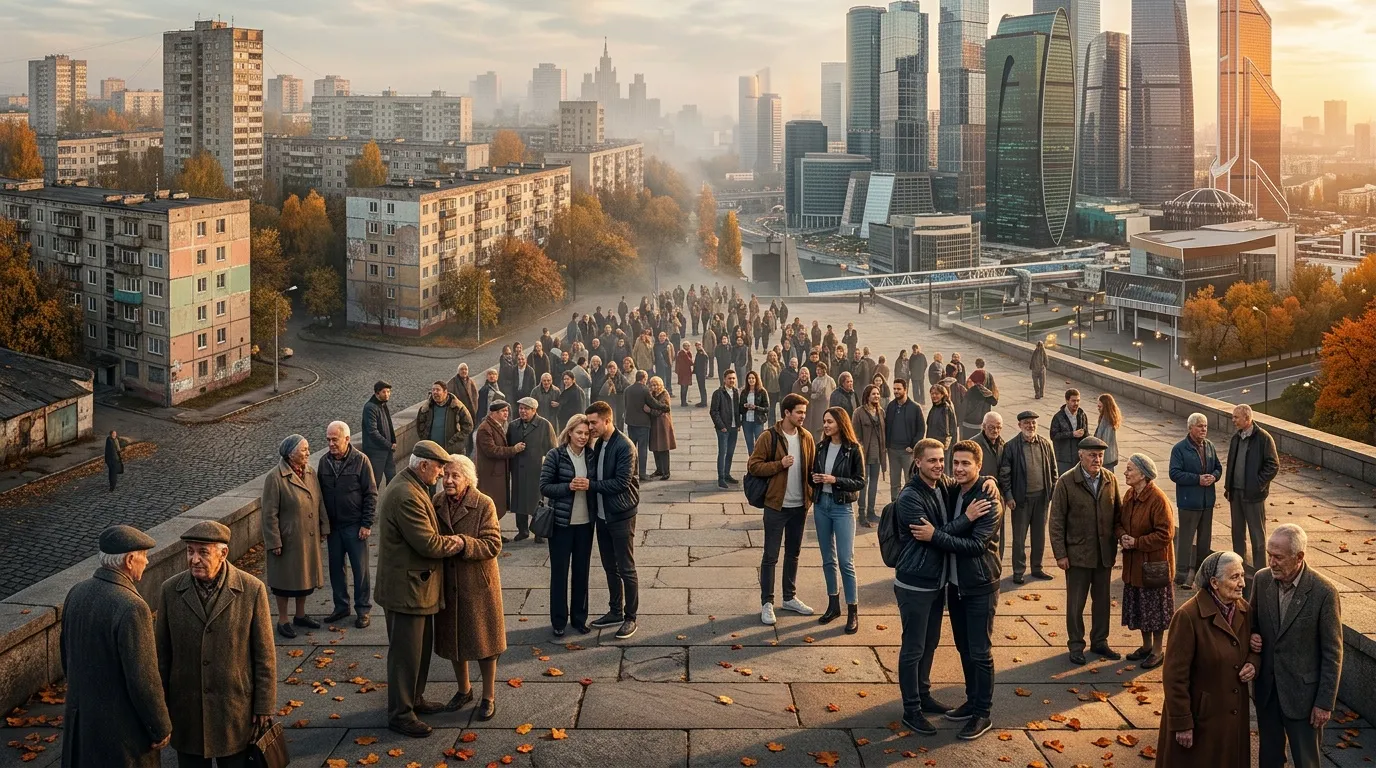 Große Menschenmenge verschiedener Generationen auf Stadtplatz versammelt.