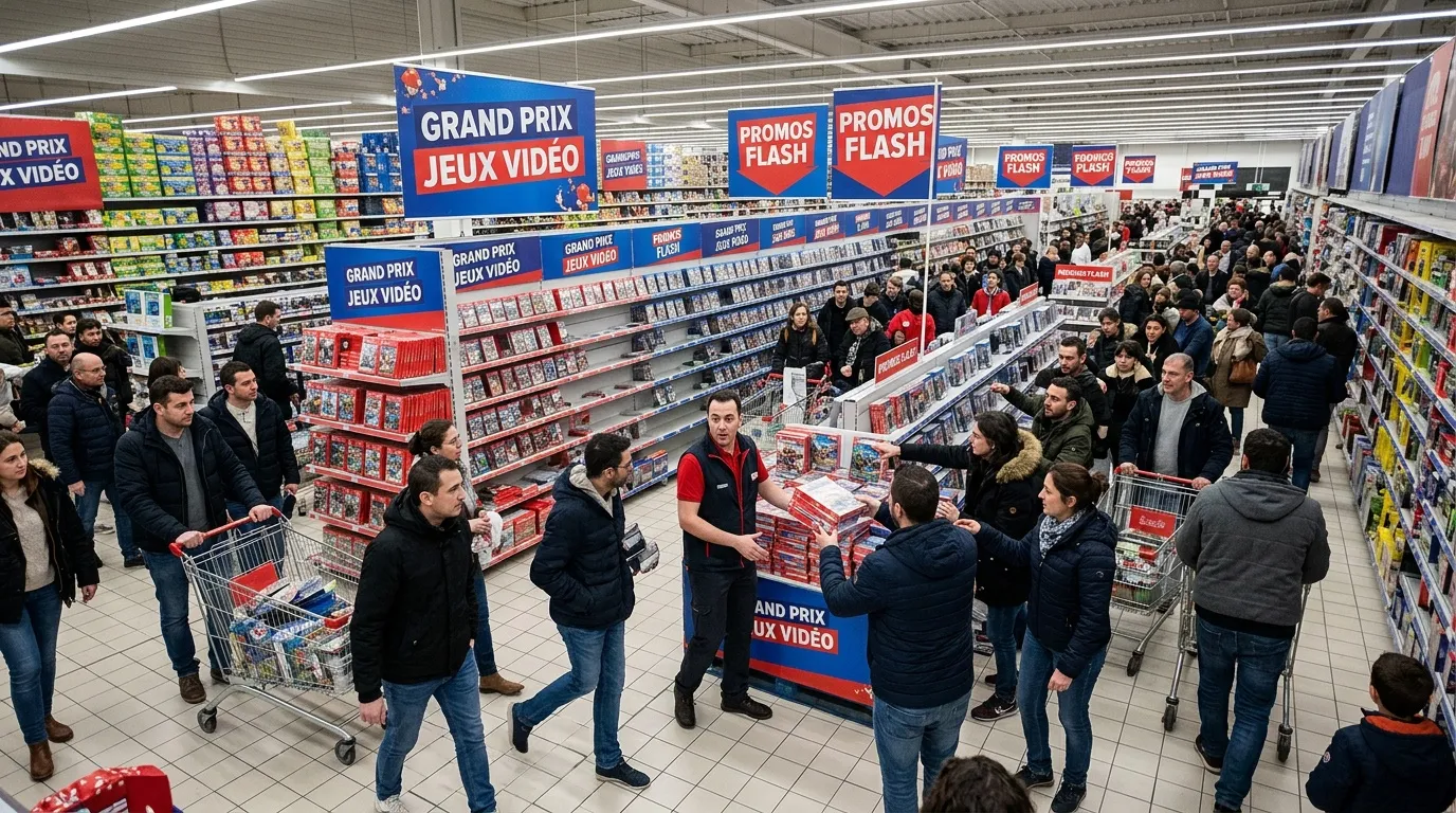 Überfüllter Supermarkt mit Kunden beim Videospiel-Ausverkauf
