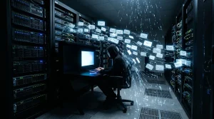 Person mit Hoodie arbeitet an Computer zwischen Serverschränken