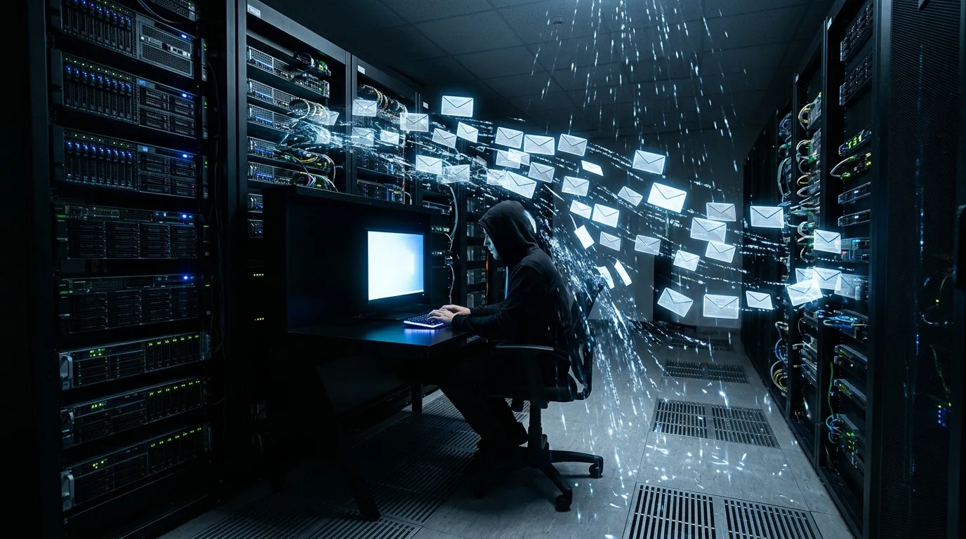 Person mit Hoodie arbeitet an Computer zwischen Serverschränken