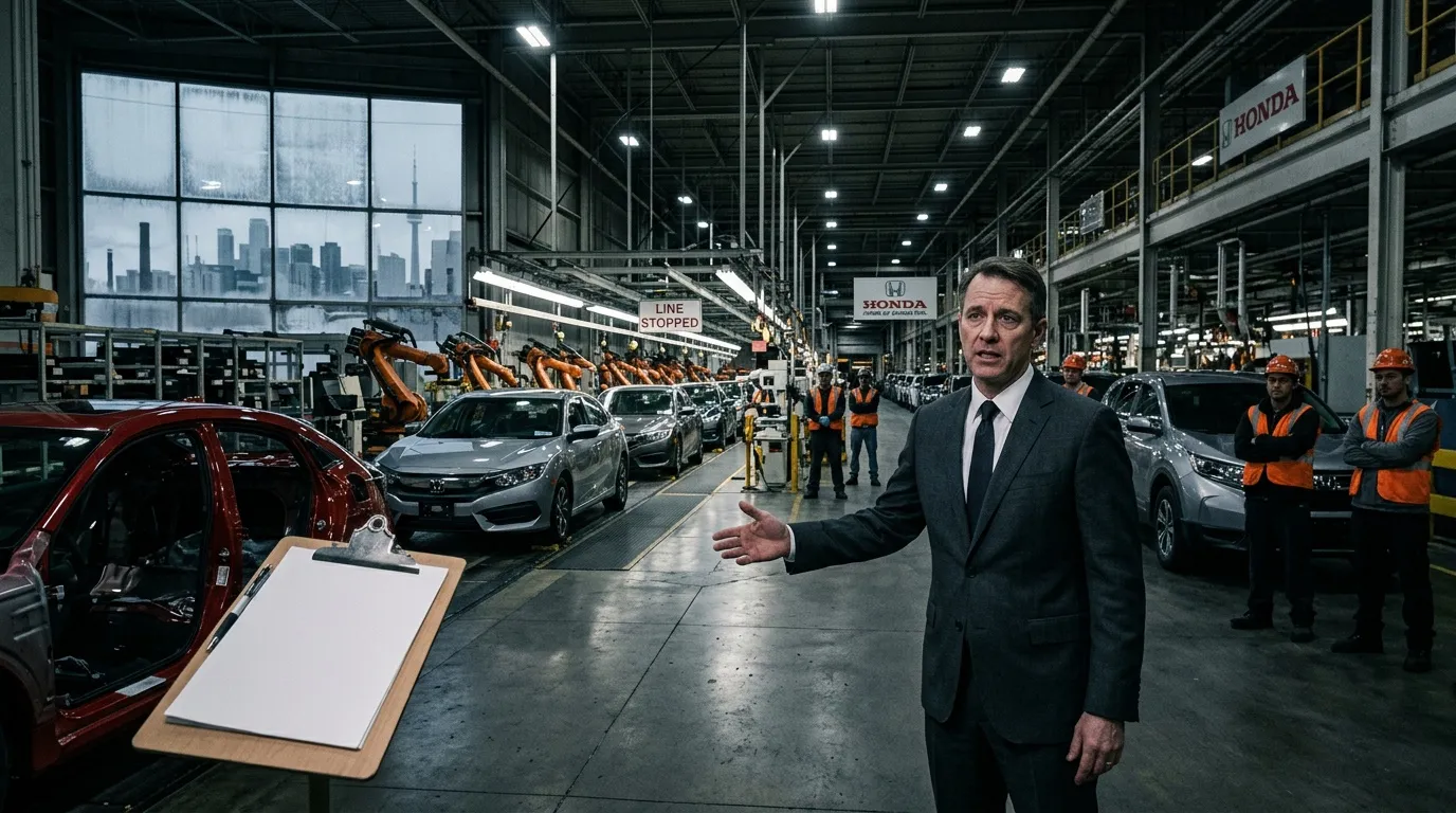 Geschäftsmann in Anzug besichtigt Honda Autofabrik mit Produktionslinie
