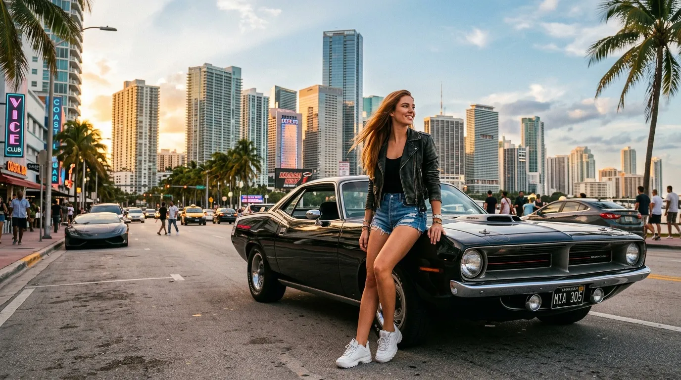 Frau posiert neben schwarzem Vintage-Auto in Miami
