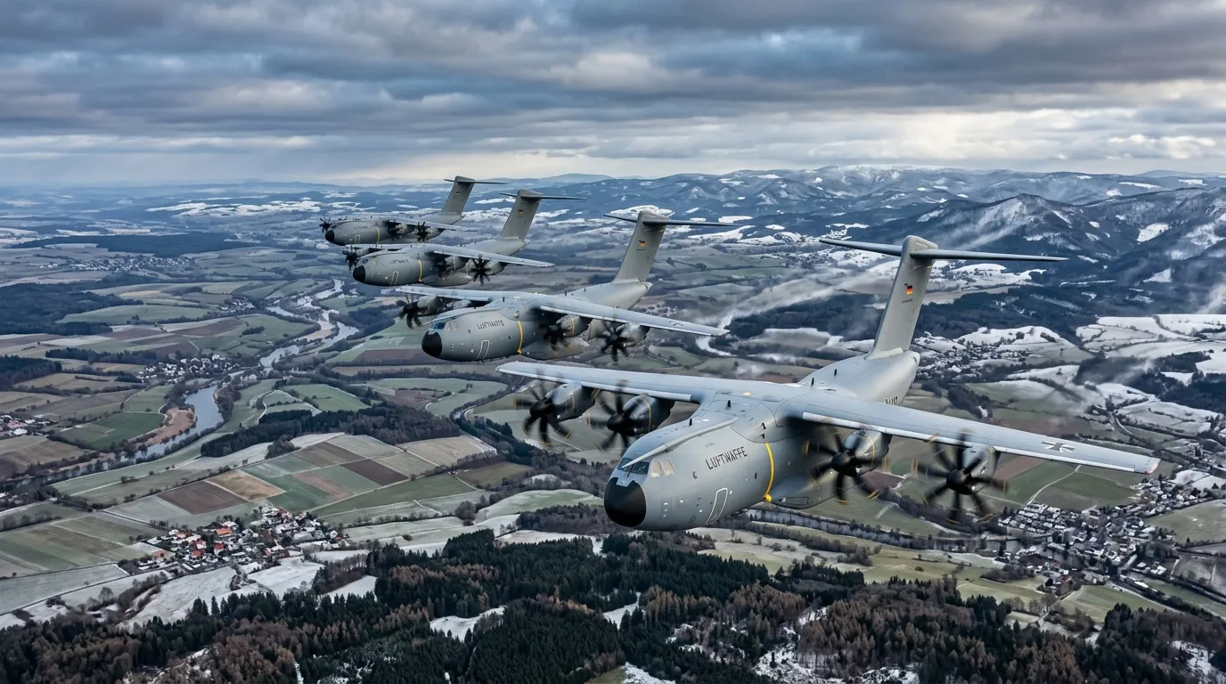 Drei deutsche Militärtransportflugzeuge fliegen über bayerische Berglandschaft