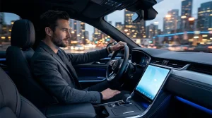 Mann steuert Luxusauto mit Touchscreen bei Nacht in Stadt