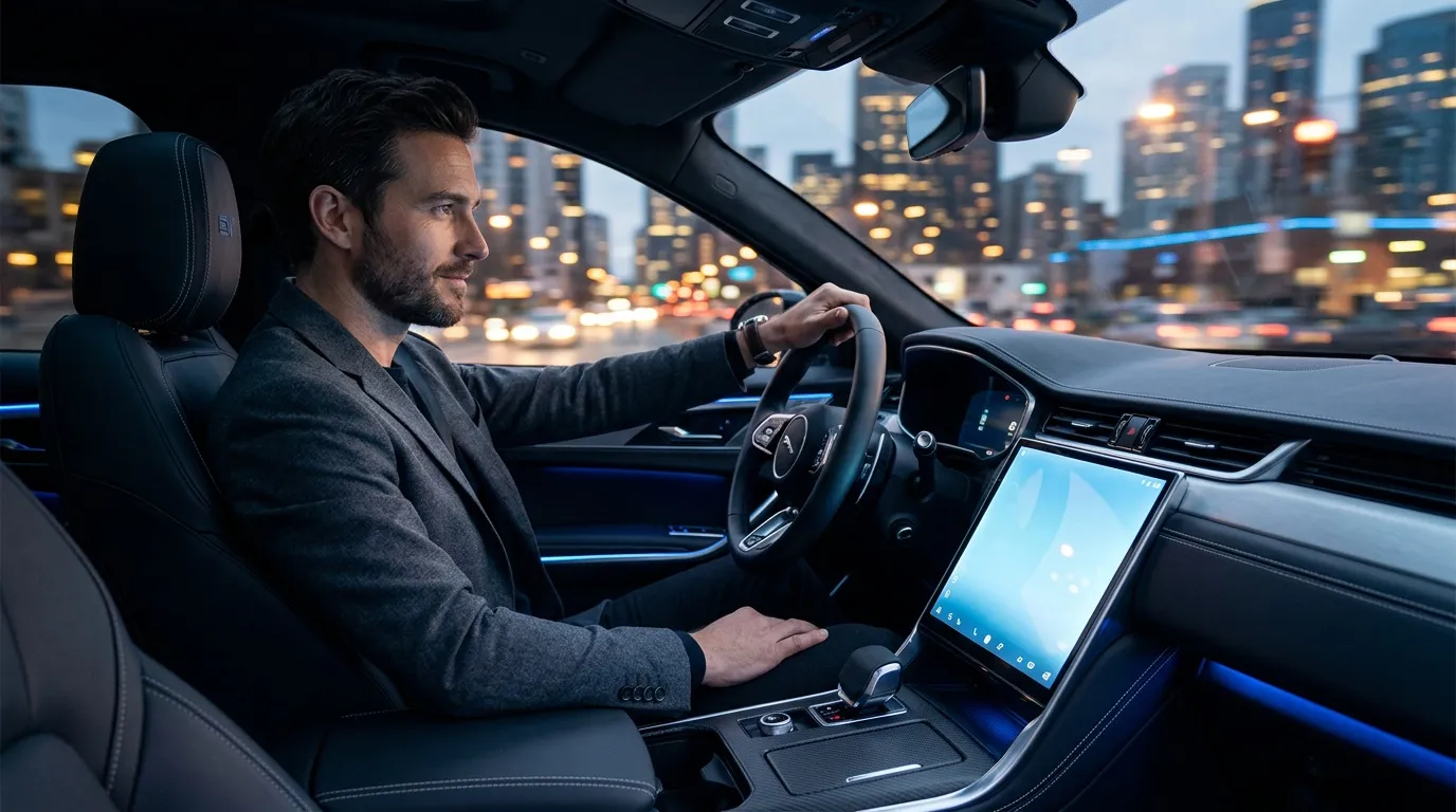 Mann steuert Luxusauto mit Touchscreen bei Nacht in Stadt