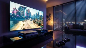 Gaming-Setup mit großem Monitor, Konsolen und Nachtstadt-Panorama