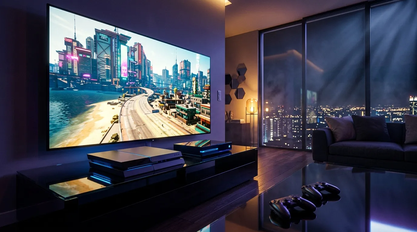 Gaming-Setup mit großem Monitor, Konsolen und Nachtstadt-Panorama