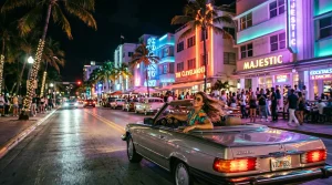 Cabrio-Fahrt durch beleuchtete Miami Beach Straße nachts