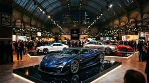 Blauer Sportwagen auf beleuchteter Bühne während Pariser Automesse
