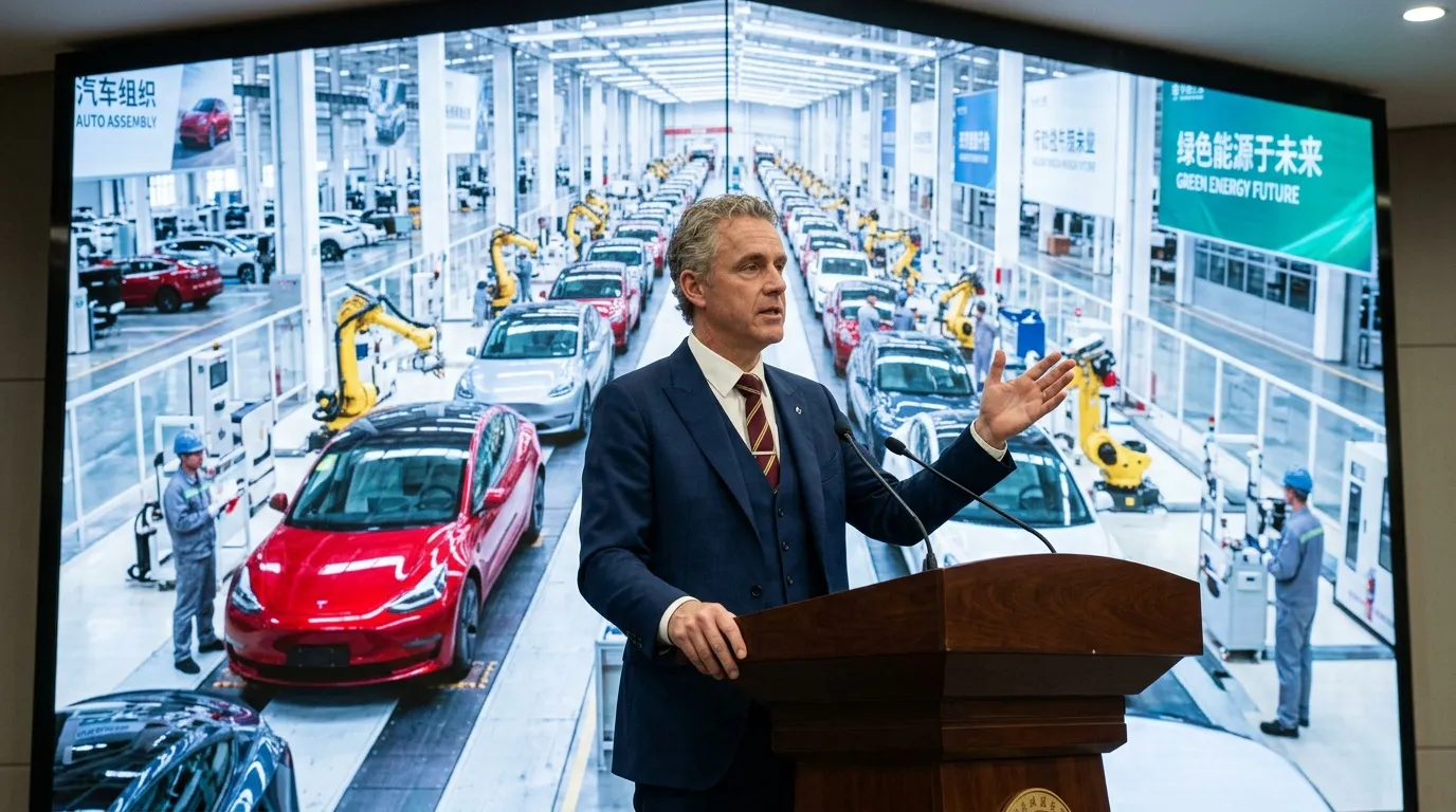 Geschäftsmann spricht vor Fabrikhalle mit Elektroautoproduktion