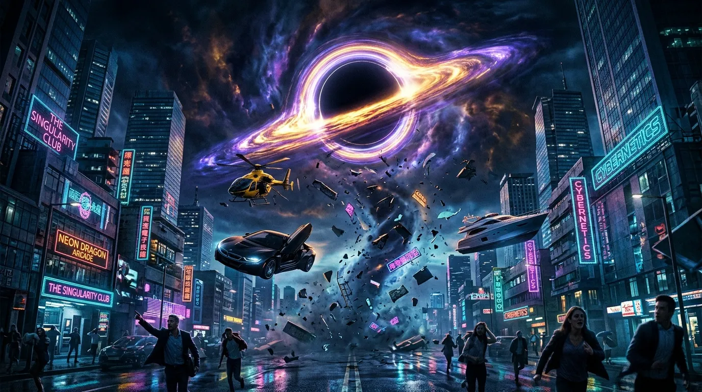 Futuristische Stadt mit schwarzem Loch am Himmel und fliegenden Objekten