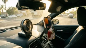 Handy-Halterung und tragbarer Ventilator auf Armaturenbrett eines Autos