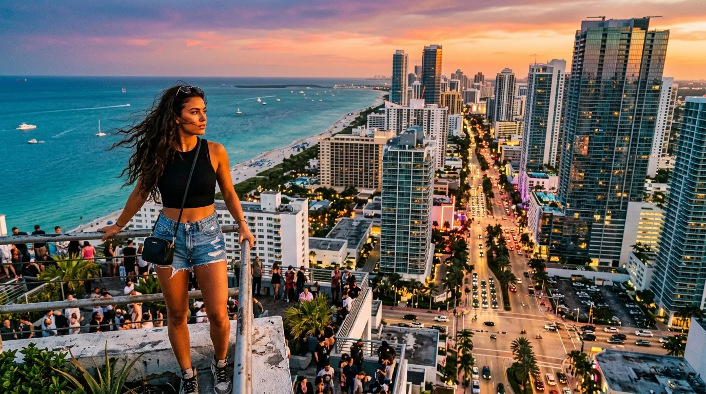 Frau blickt auf beleuchtete Miami-Skyline bei Sonnenuntergang