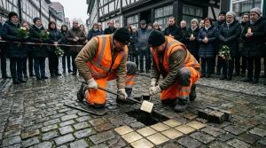 Arbeiter verlegen Stolpersteine auf Kopfsteinpflaster vor Publikum